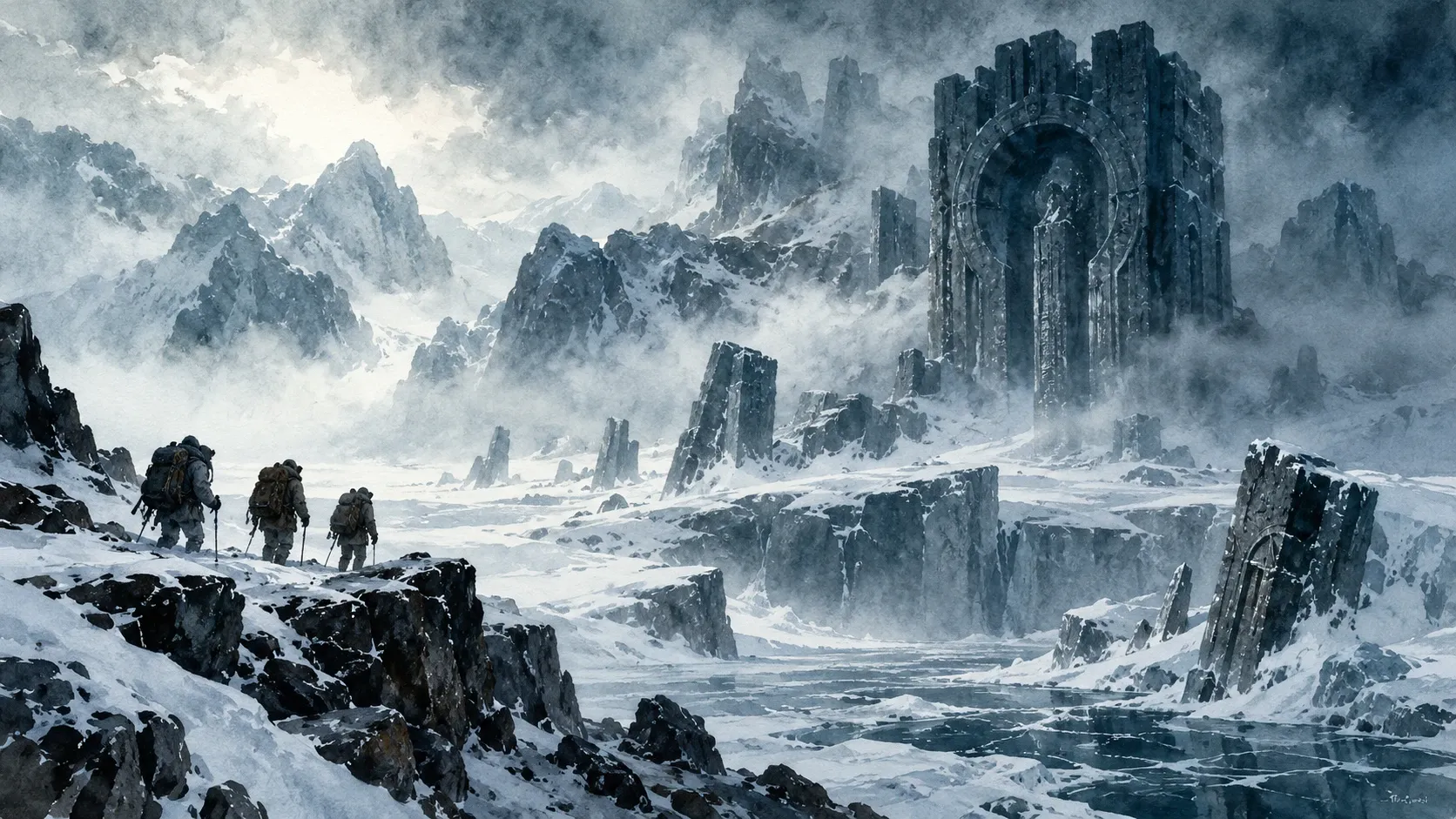 Watercolor concept art of an Antarctic expedition crossing a frozen landscape toward monumental ancient ruins in the mountains.