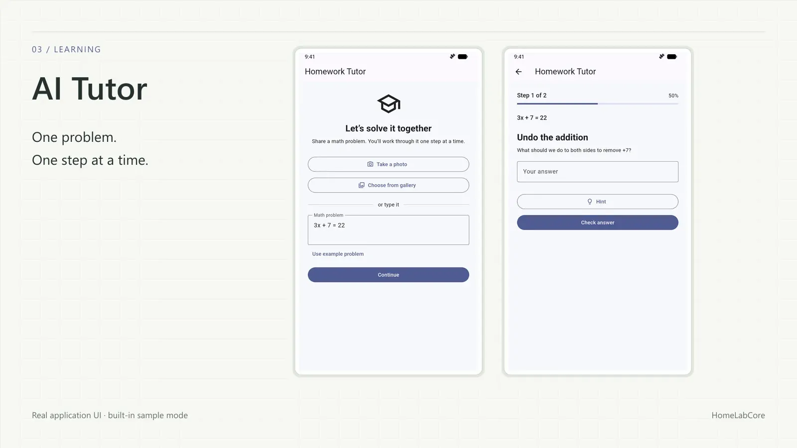 AI Tutor: Enter a math problem in the real app; built-in sample shown.