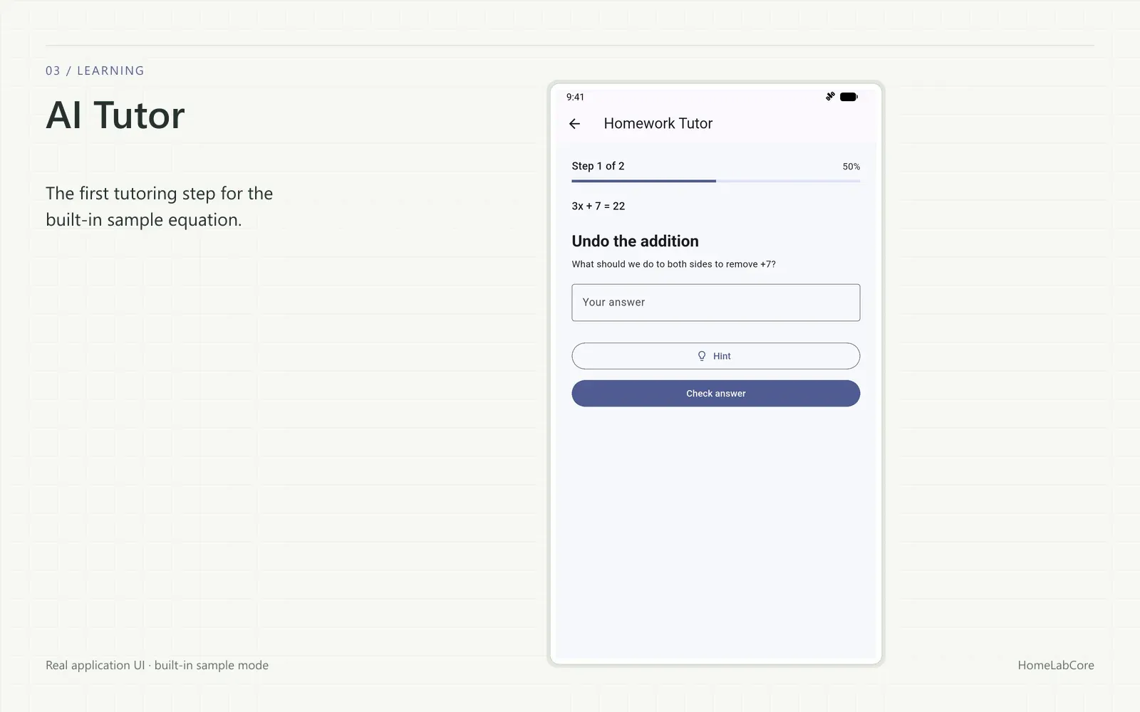The first tutoring step for the built-in sample equation.