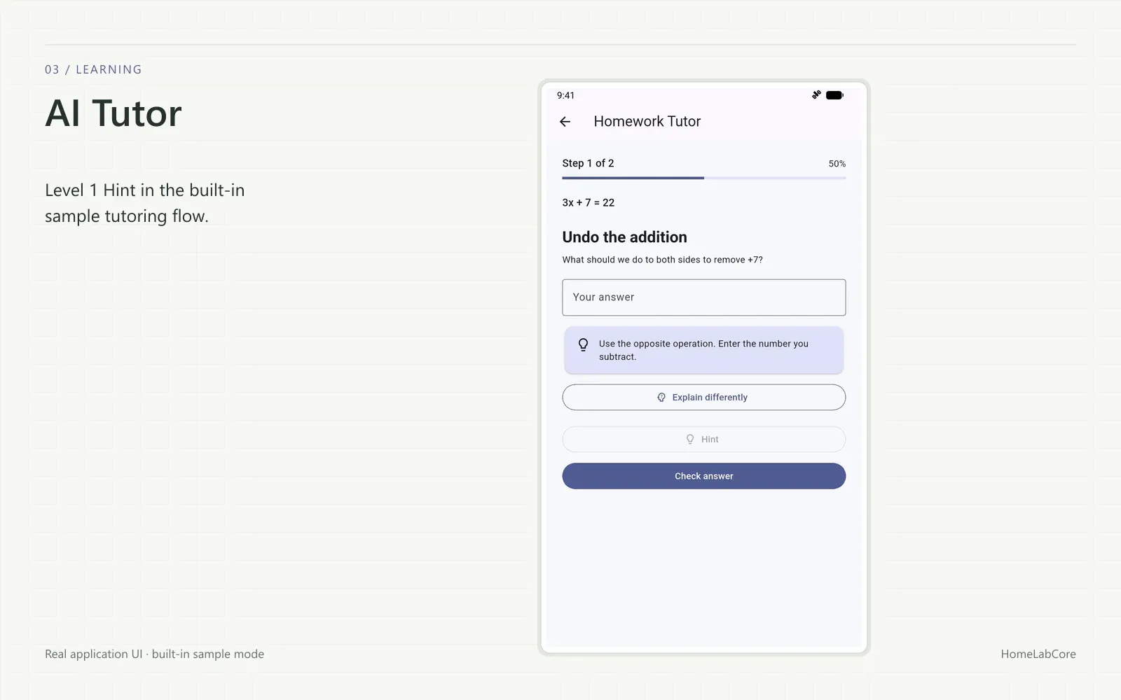 Level 1 Hint in the built-in sample tutoring flow.