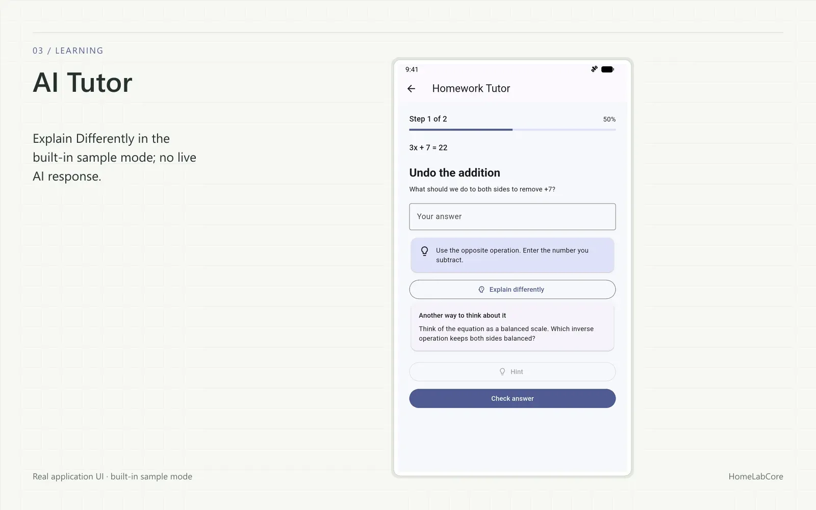 Explain Differently in the built-in sample mode; no live AI response.