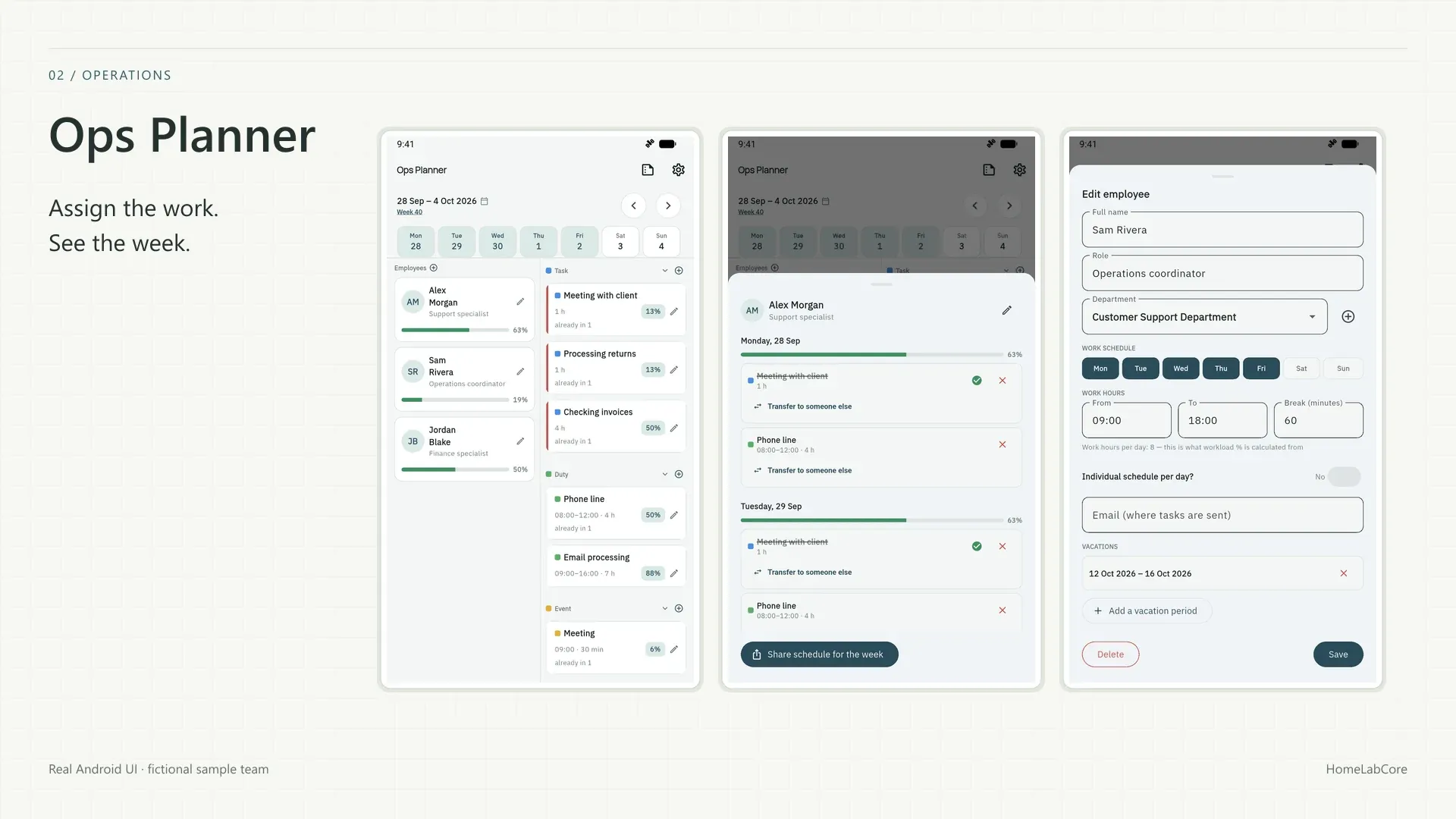 Ops Planner: current application screens. Real Android UI · fictional sample team.