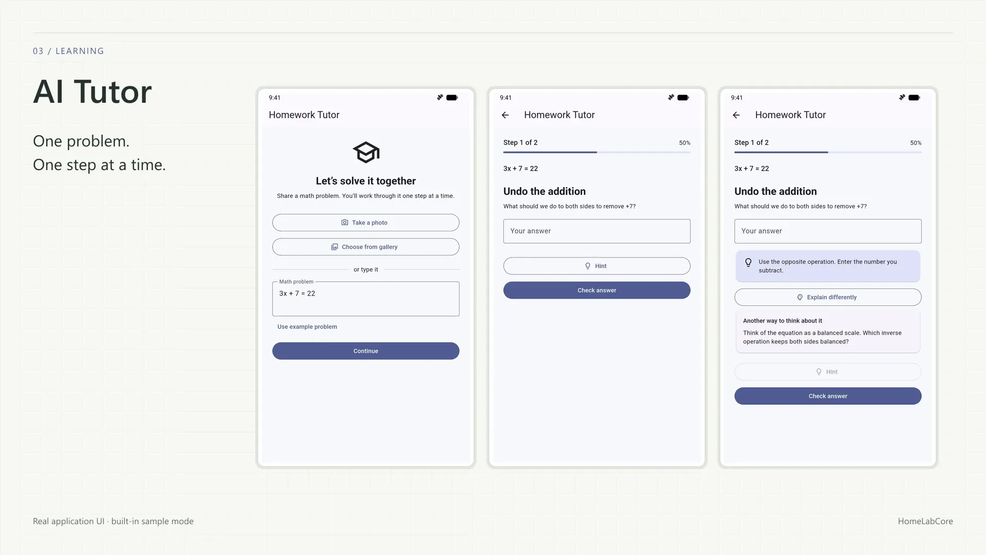 AI Tutor: current application screens. Real application UI · built-in sample mode.