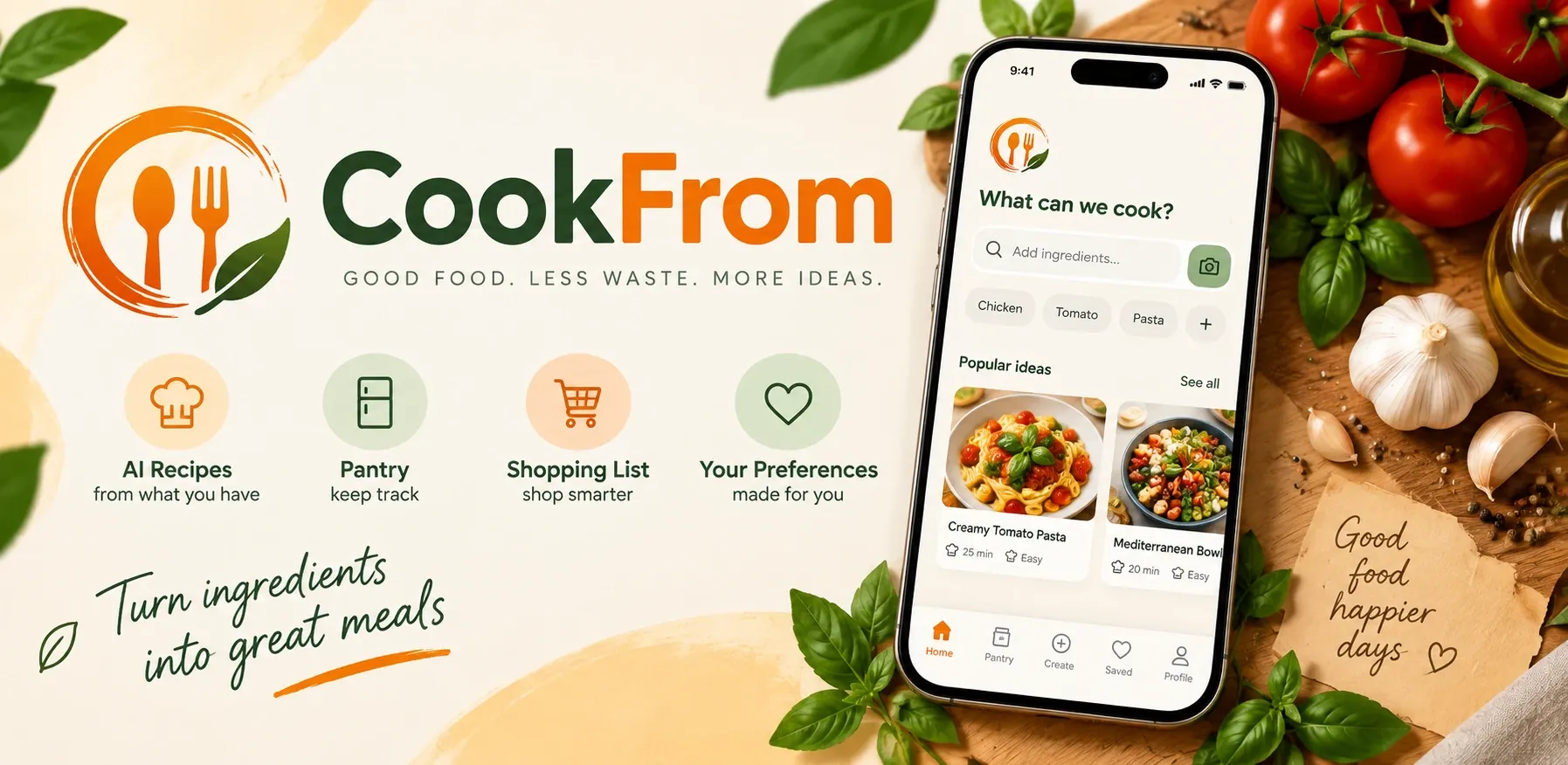 CookFrom promotional banner: the CookFrom logo with the tagline “Good food. Less waste. More ideas.”, four features — AI recipes from what you have, pantry, shopping list and preferences — and a phone showing an ingredient search, beside fresh tomatoes, basil and garlic.